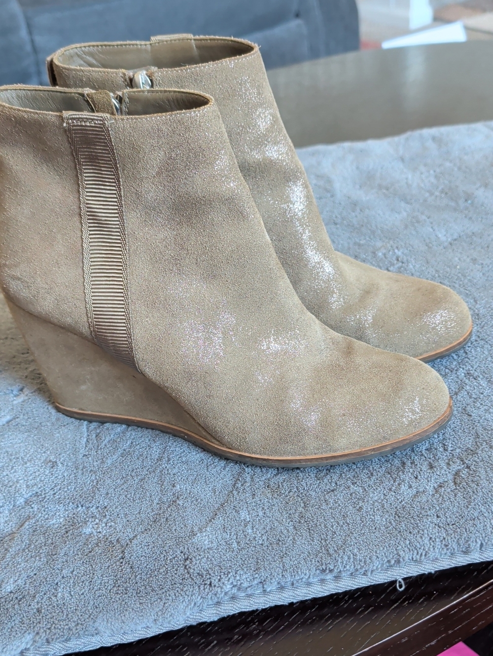 Sparkle Tan Suede Wedge Ankle Boots